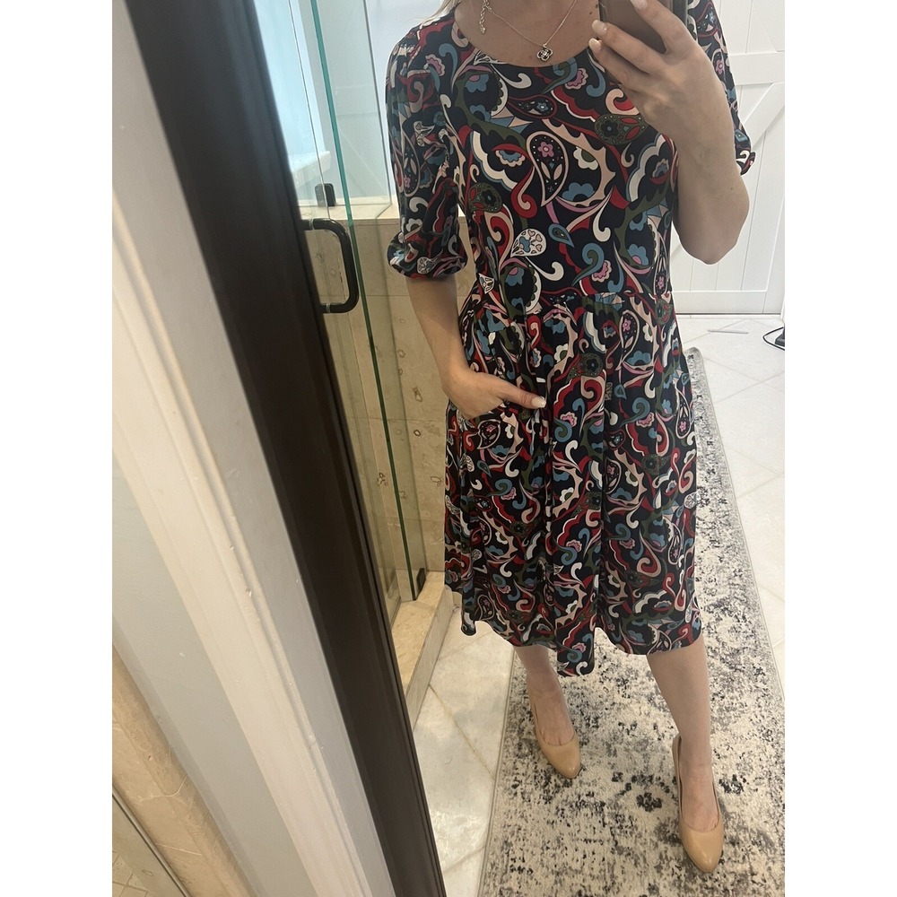 Boden Grace Dress Maple Leaf Swirl Puff Sleeve Midi Dress Blue 12R J0691